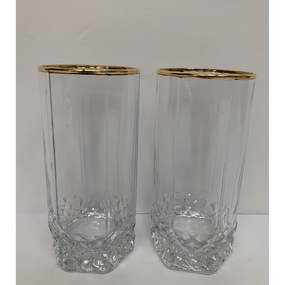 Vintage Pasabahce 24k Gold Rim Tumbler Glasses Set Of 2 Diamond Pattern Turkey - Picture 1 of 5